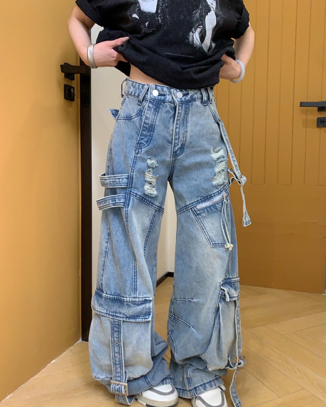 ビッグポケットダメージデニムパンツ SL582