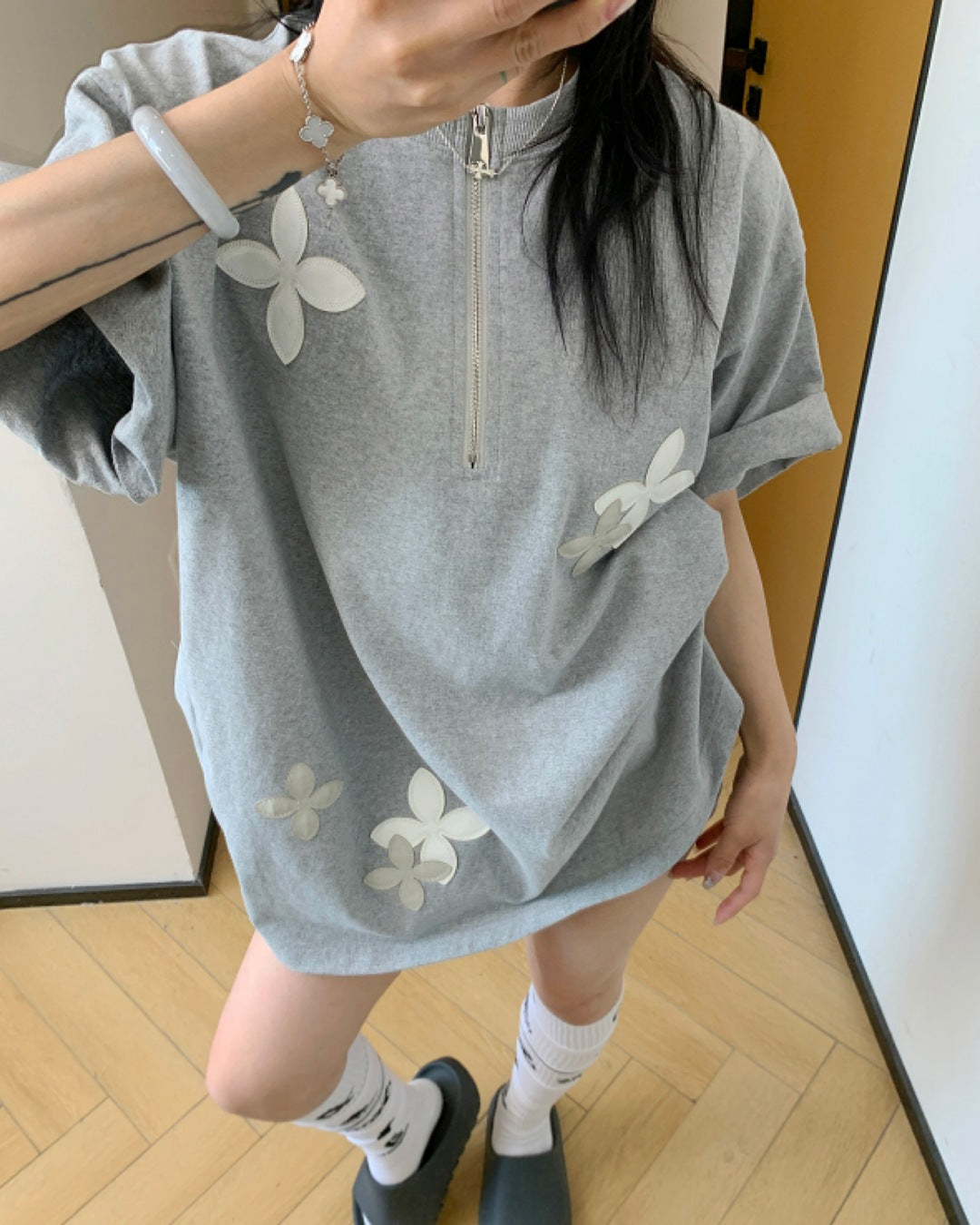 ハーフジップフラワーデザインTシャツ SL611