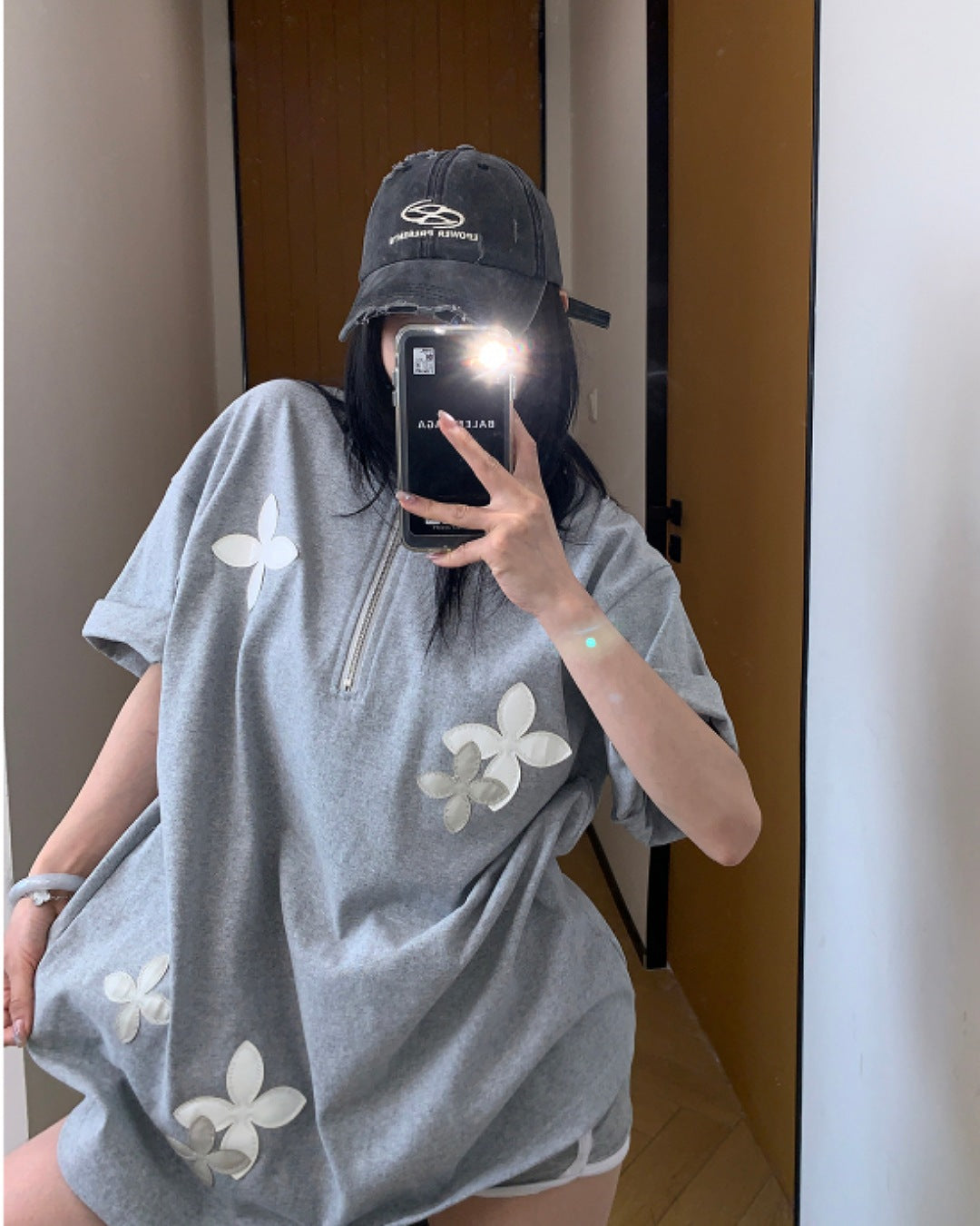 ハーフジップフラワーデザインTシャツ SL611