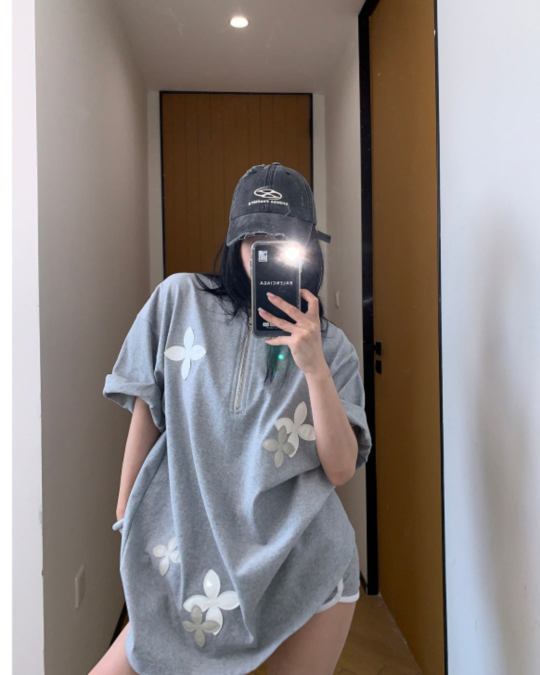 ハーフジップフラワーデザインTシャツ SL611
