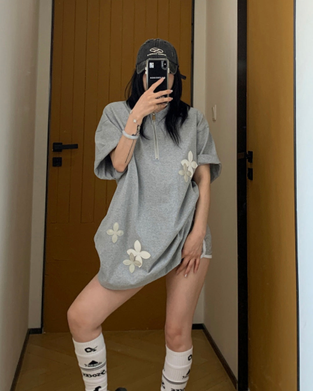 ハーフジップフラワーデザインTシャツ SL611