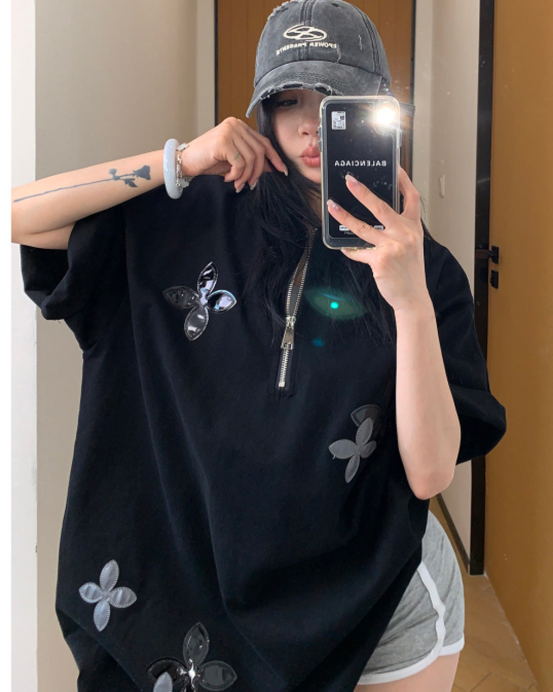 ハーフジップフラワーデザインTシャツ SL611
