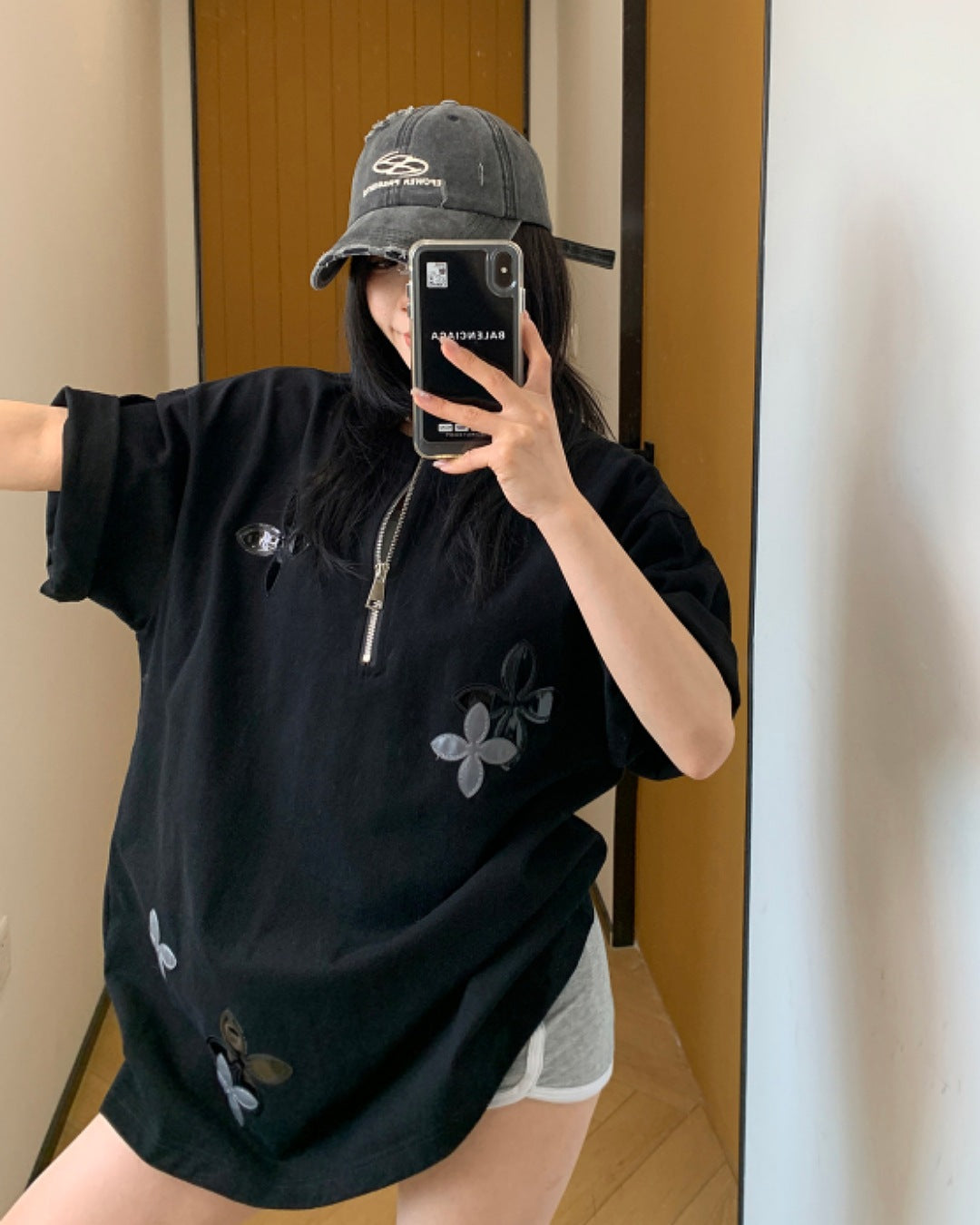 ハーフジップフラワーデザインTシャツ SL611
