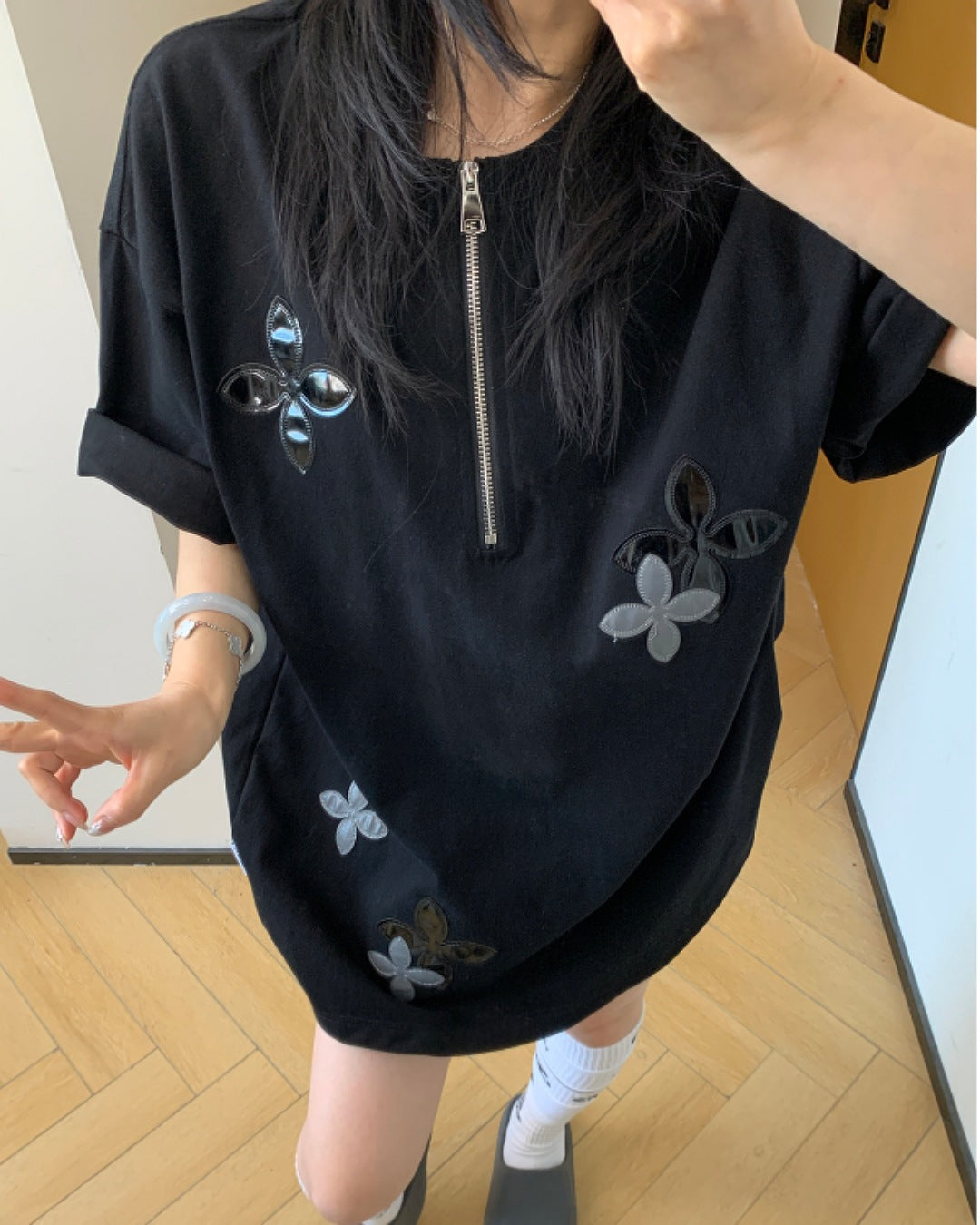 ハーフジップフラワーデザインTシャツ SL611