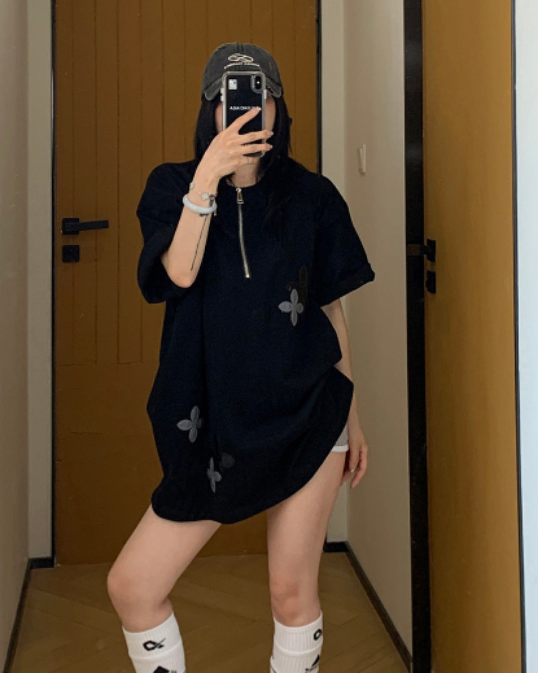 ハーフジップフラワーデザインTシャツ SL611