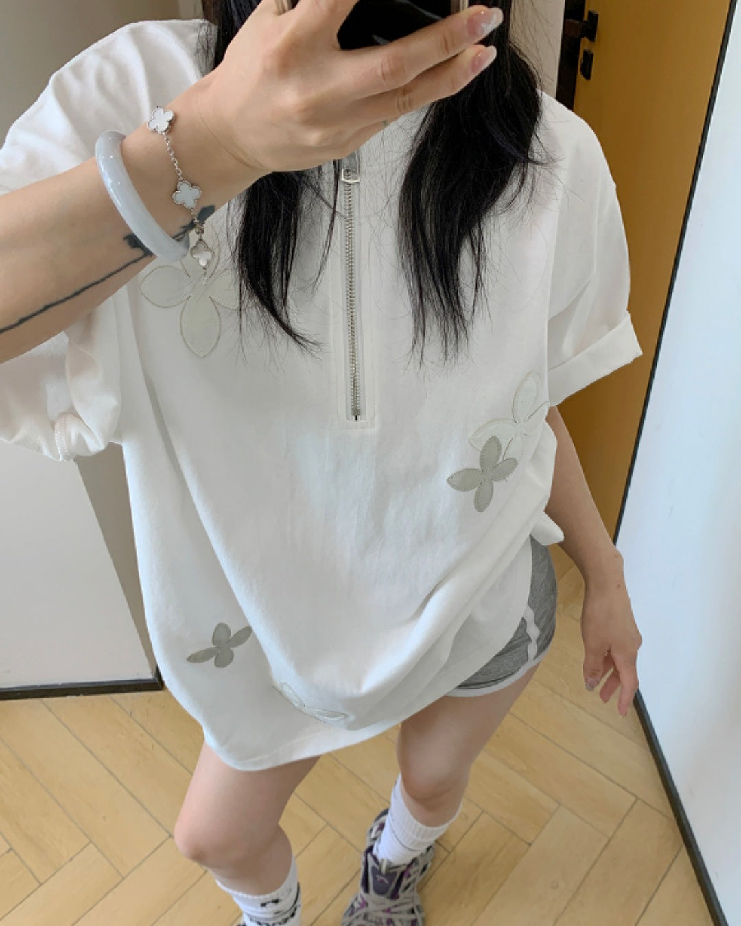 ハーフジップフラワーデザインTシャツ SL611