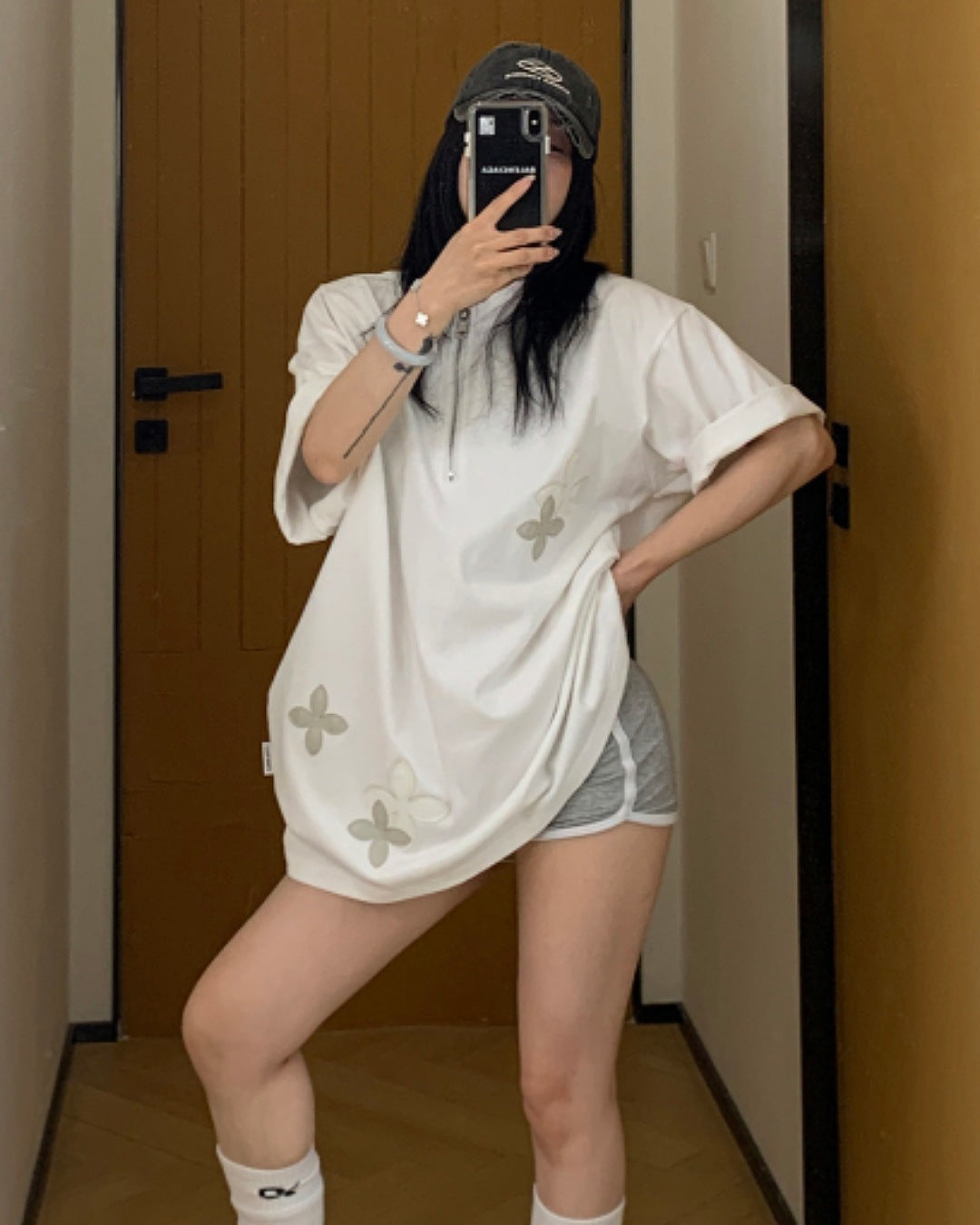 ハーフジップフラワーデザインTシャツ SL611