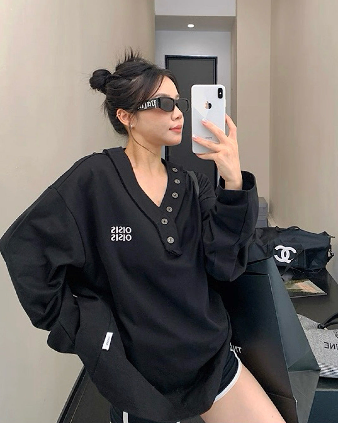 vネックボタンデザインロンT SL725