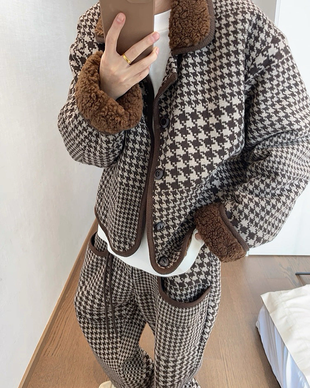 千鳥格子柄リバーシブルボアジャケット M040