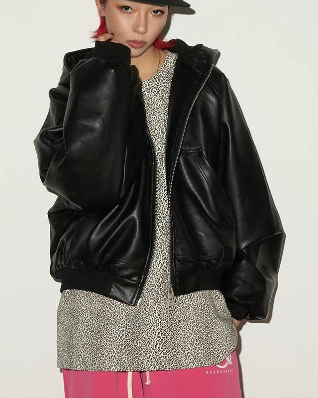 フェイクレザーフードジャケット SL796