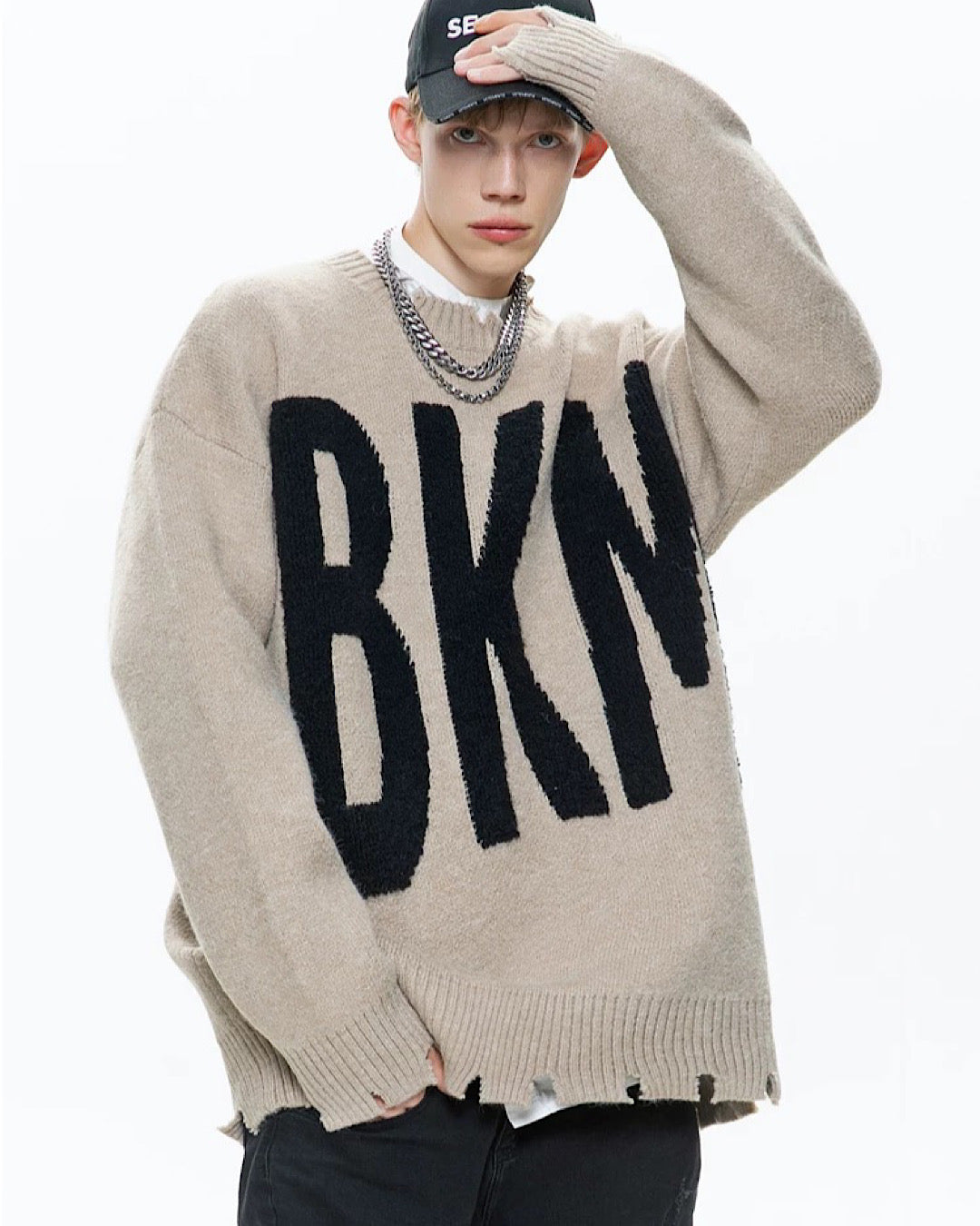 "BKM"ダメージデザインニットプルオーバー M001