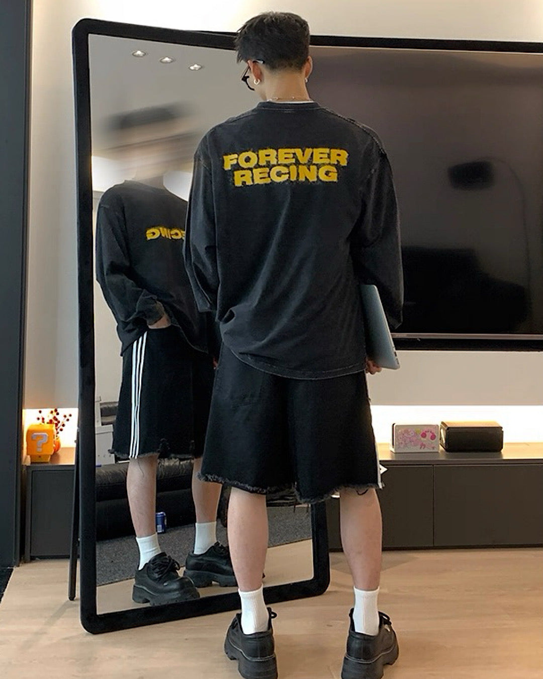 ロゴプリントウォッシュ加工ロングTシャツ M006