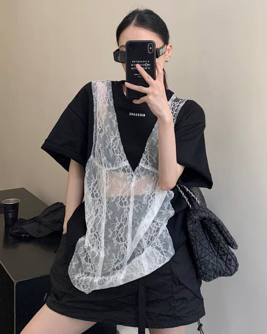 レースドッキングデザインTシャツ SL247