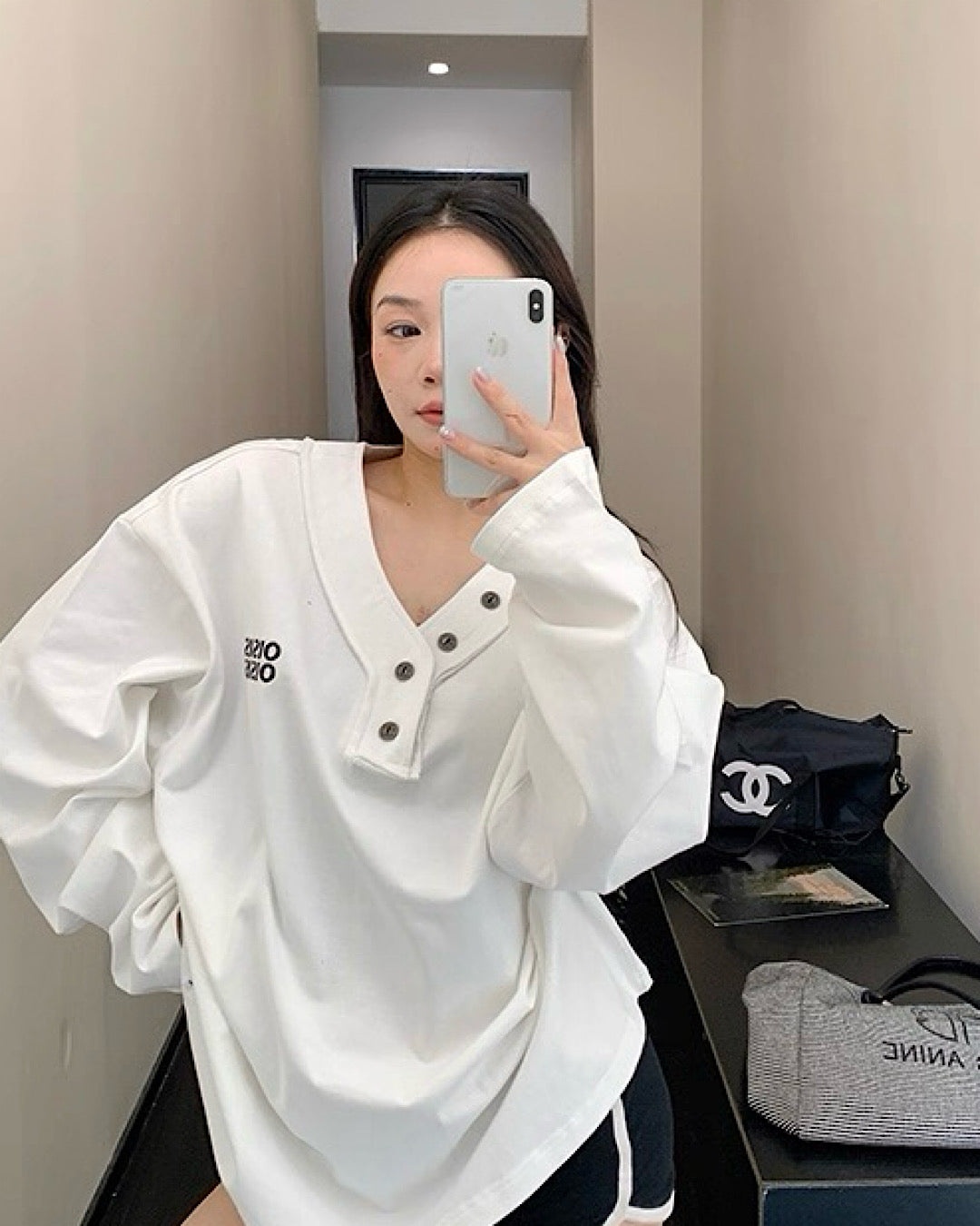 vネックボタンデザインロンT SL725