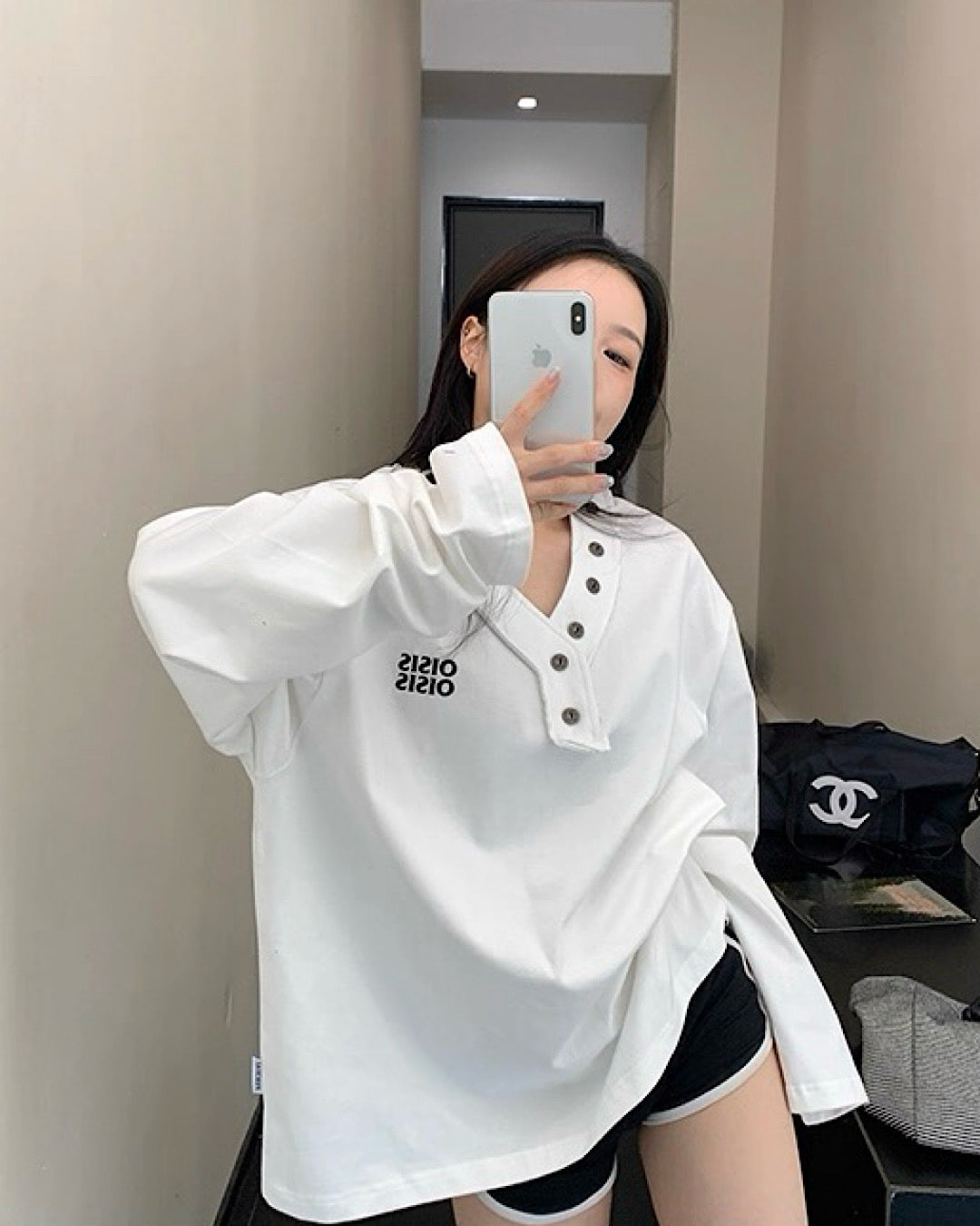 vネックボタンデザインロンT SL725