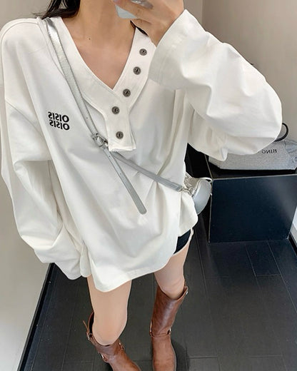 vネックボタンデザインロンT SL725