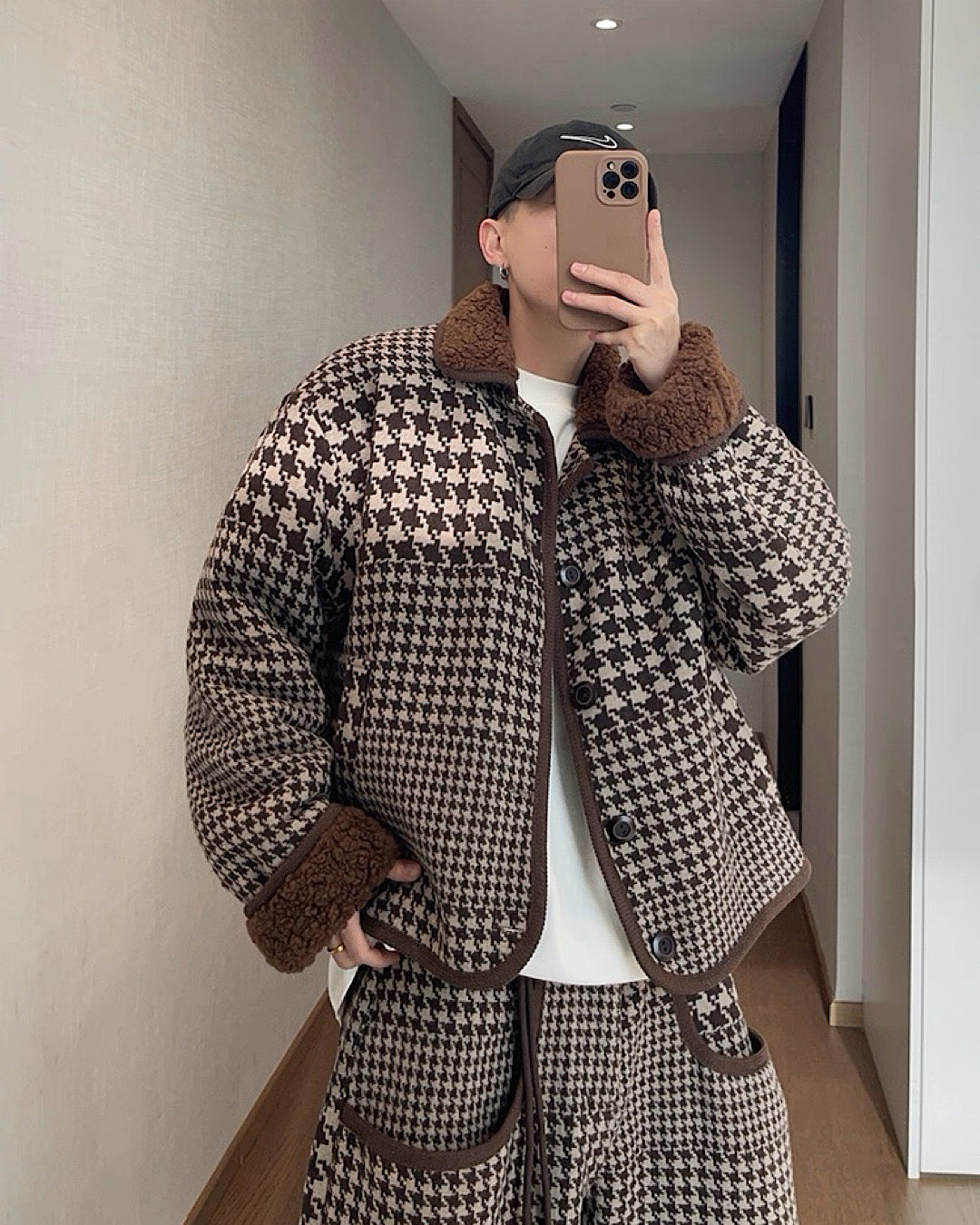 千鳥格子柄リバーシブルボアジャケット M040