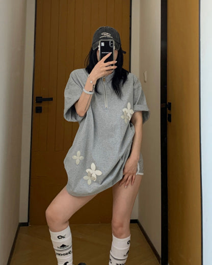 ハーフジップフラワーデザインTシャツ SL611
