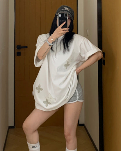 ハーフジップフラワーデザインTシャツ SL611