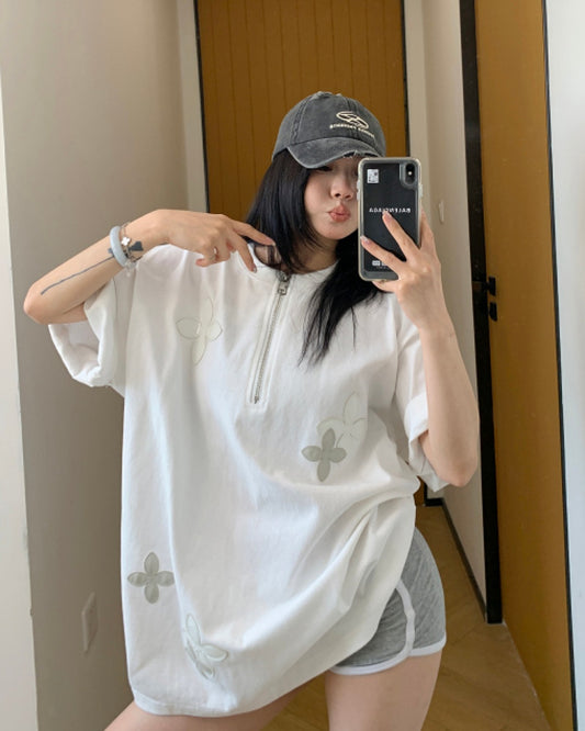 ハーフジップフラワーデザインTシャツ SL611