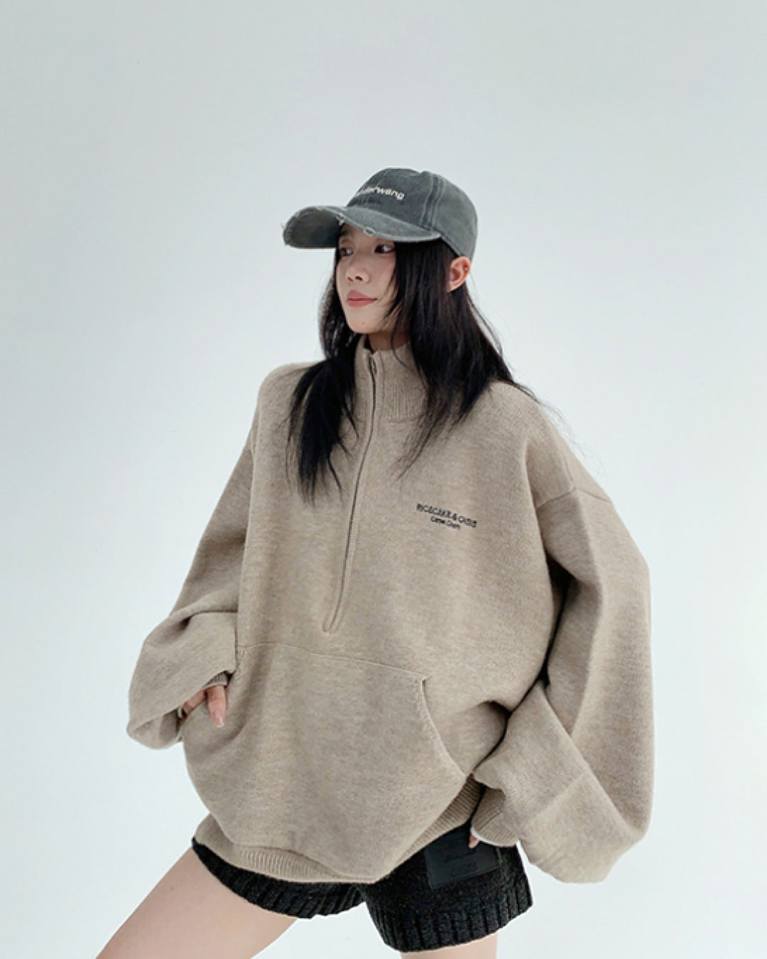 ボリュームスリーブハーフジッププルオーバー SL785