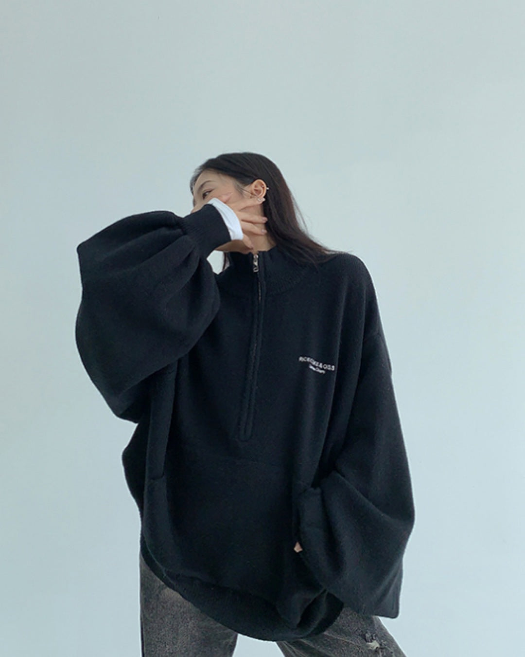 ボリュームスリーブハーフジッププルオーバー SL785