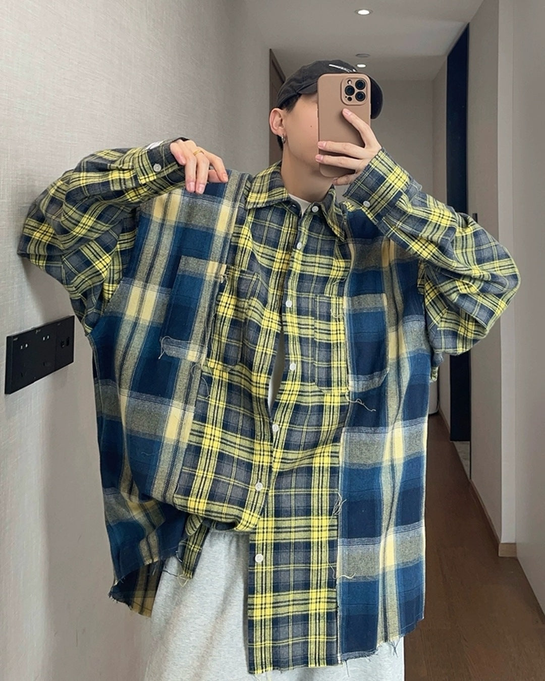 カラーブロックチェック柄シャツ M044