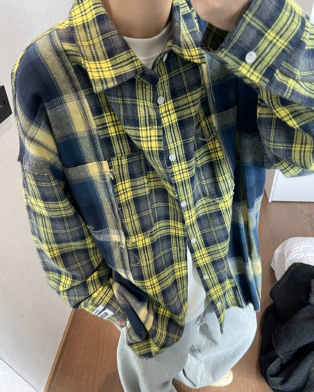 カラーブロックチェック柄シャツ M044