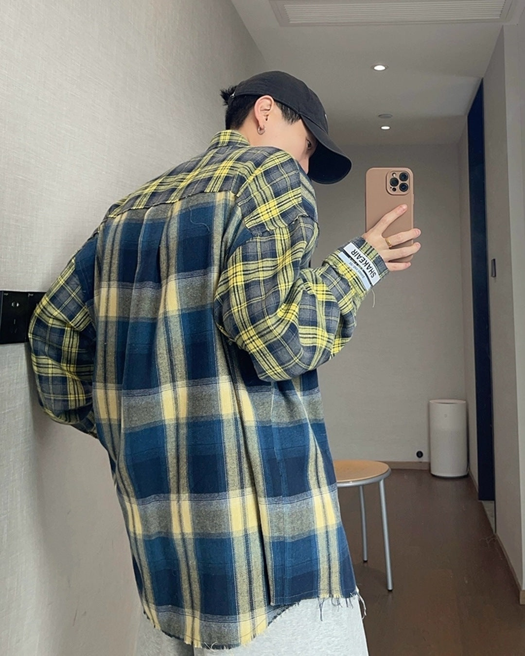 カラーブロックチェック柄シャツ M044