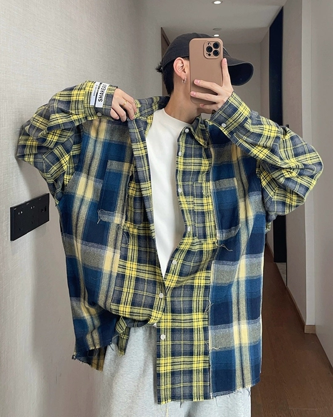 カラーブロックチェック柄シャツ M044