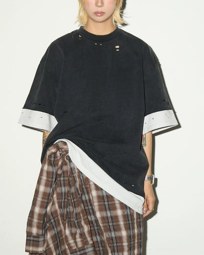 レイヤードライクダメージ加工Tシャツ SL866