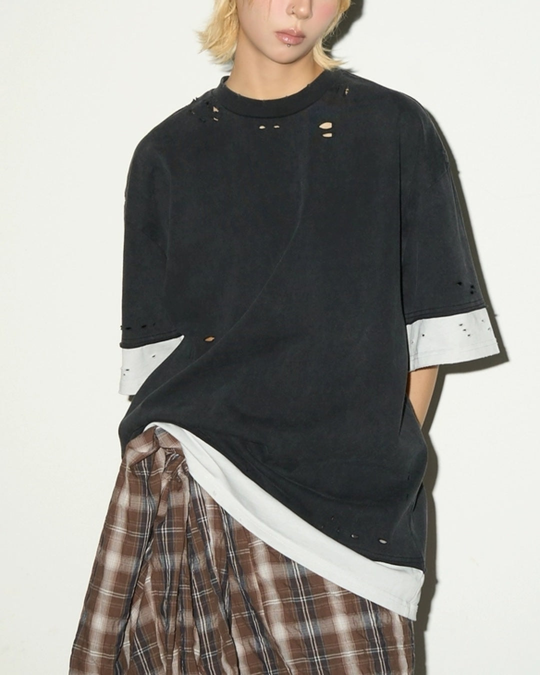 レイヤードライクダメージ加工Tシャツ SL866