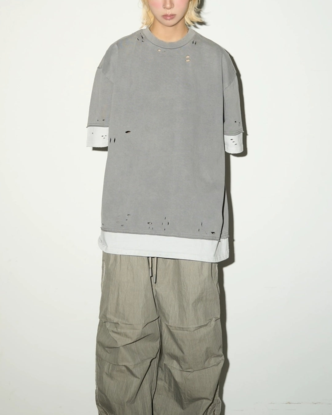 レイヤードライクダメージ加工Tシャツ SL866
