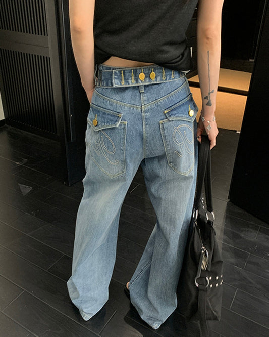 バックベルトデザインデニムパンツ SL891