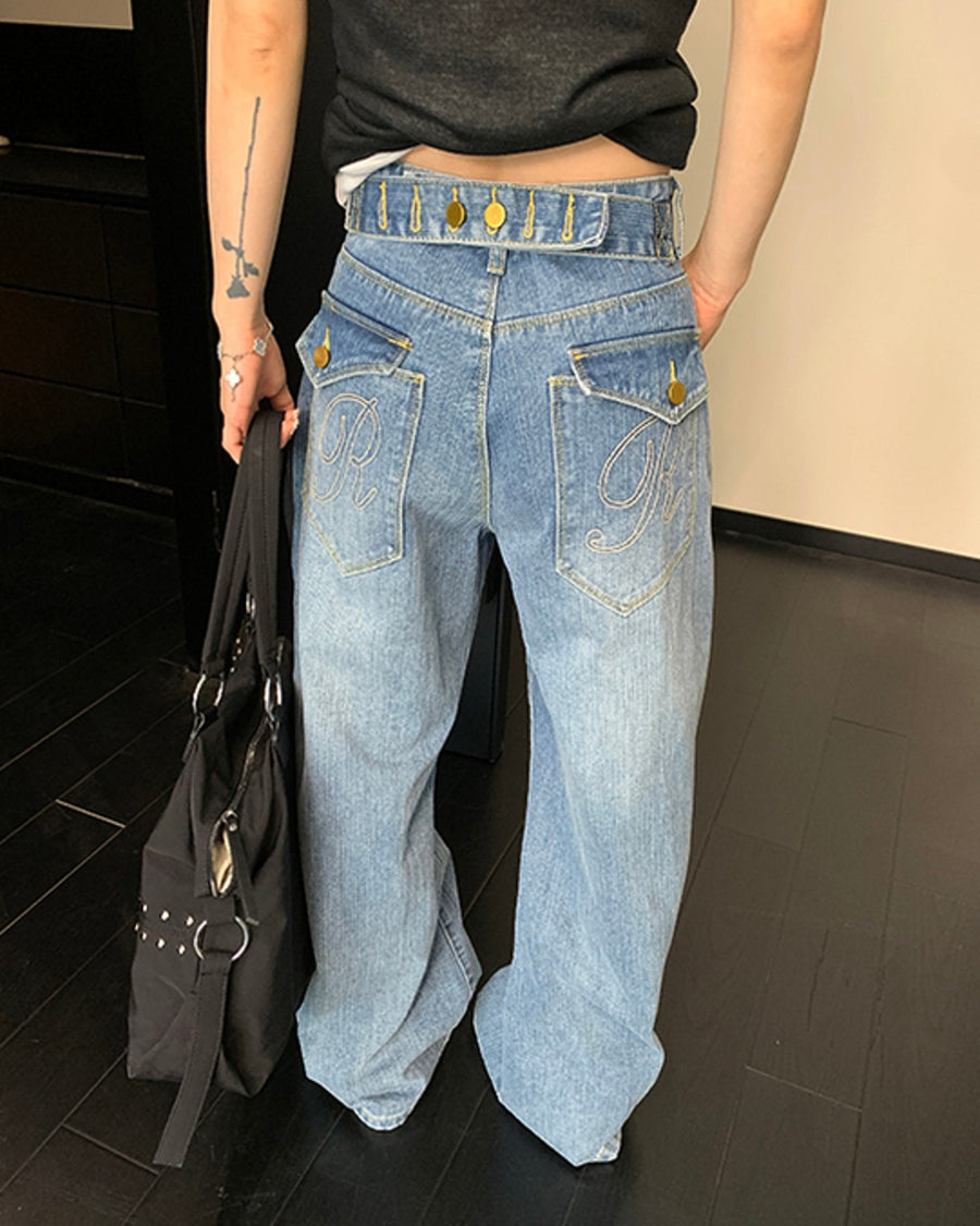 バックベルトデザインデニムパンツ SL891