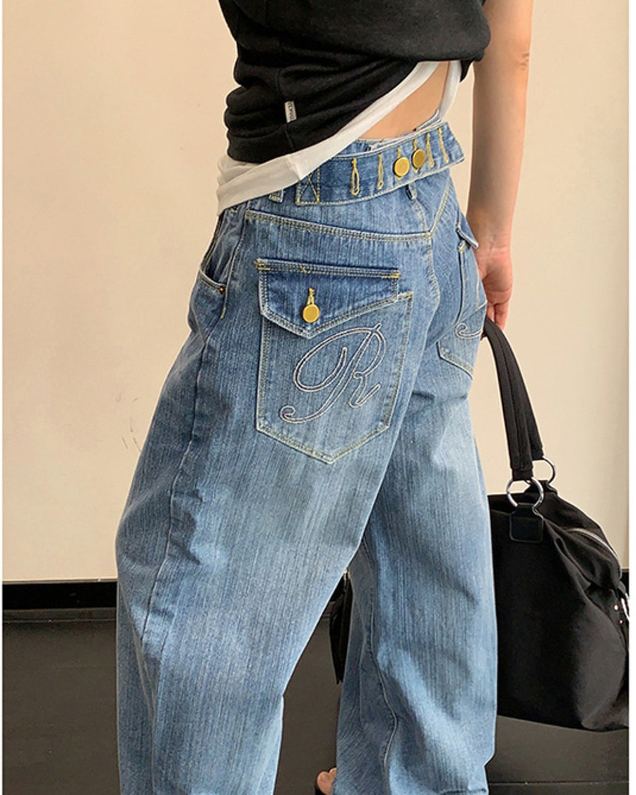 バックベルトデザインデニムパンツ SL891