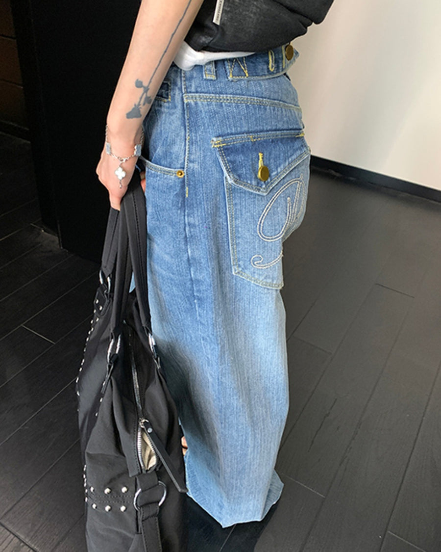 バックベルトデザインデニムパンツ SL891