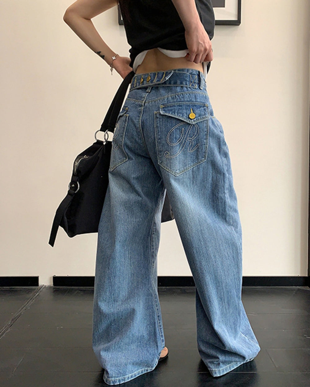 バックベルトデザインデニムパンツ SL891