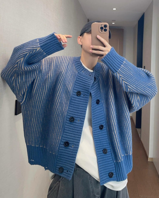 リブニットストライプクラッシュカーディガン M035